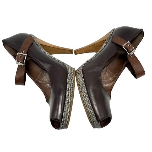 Marni Brown Leather Colorblock Tweed Peep Toe Maryjane Platform Heels Women’s 8 - Picture 7 of 12